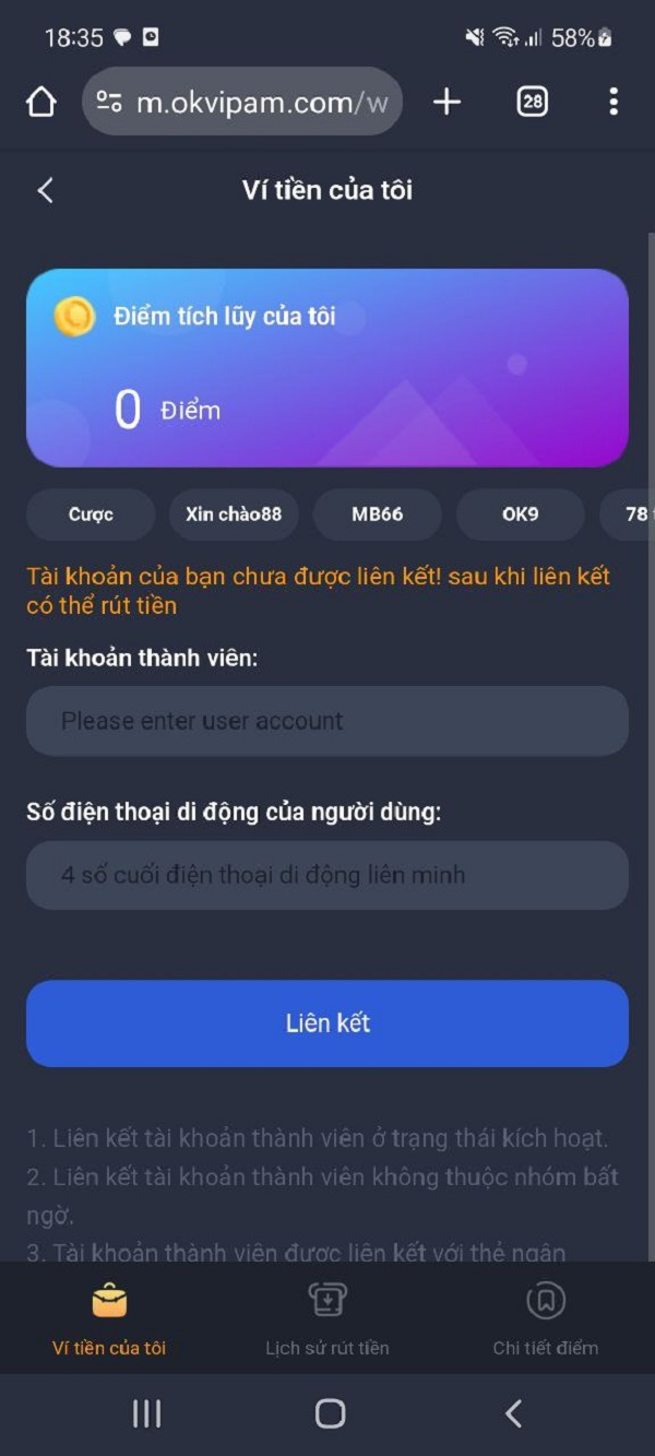 Bước 2 - Điền tài khoản thành viên và số điện thoại người dùng Okvip
